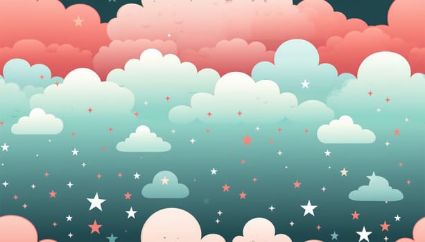Cute colorful pastel clouds seamless pattern background. Rainbow unicorn background with clouds and stars. Pastel color sky. Magical landscape, abstract fabulous pattern. Cute candy wallpaper. Copy space