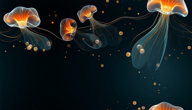 Jellyfish seamless pattern. Dark luxury art background with hand drawn jellyfish in gold art line style. Minimalistic banner with marine life for decoration, wallpaper, print, textile, interior design, packaging Cute