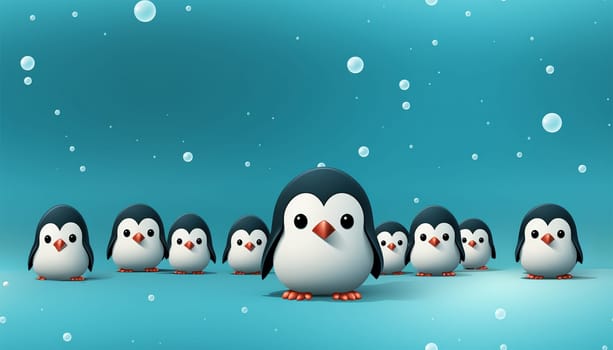 Seamless pattern, cute winter wonderland background of penguins cute character on light blue background in the snow on ice Copy space space for text