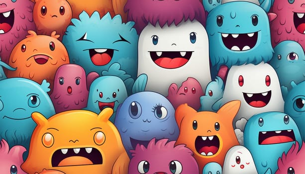 Cute colorful various monsters. seamless cool monsters pattern illustration pastel colored Children's pattern with cute adorable scary monster background in a row