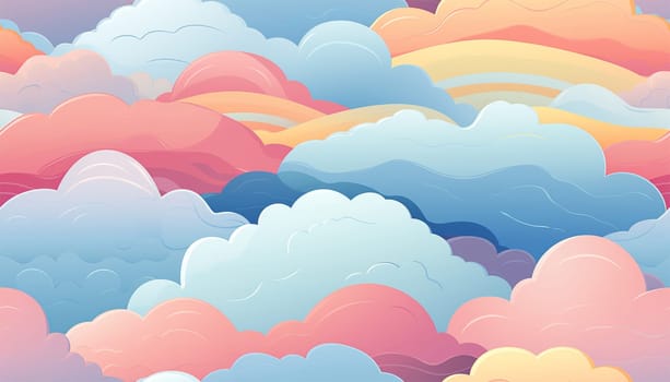 Cute colorful pastel clouds seamless pattern background. Rainbow unicorn background with clouds and stars. Pastel color sky. Magical landscape, abstract fabulous pattern. Cute candy wallpaper. Copy space