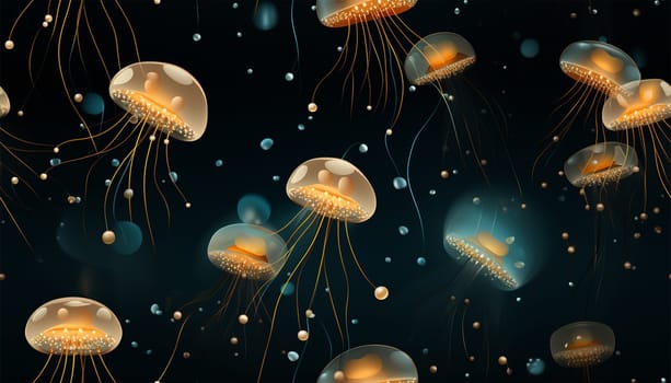 Jellyfish seamless pattern. Dark luxury art background with hand drawn jellyfish in gold art line style. Minimalistic banner with marine life for decoration, wallpaper, print, textile, interior design, packaging Cute