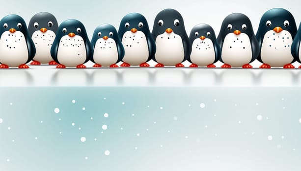 Seamless pattern, cute winter wonderland background of penguins cute character on light blue background in the snow on ice Copy space space for text
