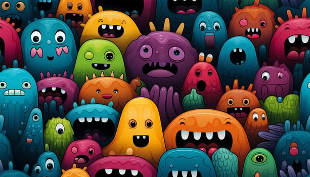 Cute colorful various monsters. seamless cool monsters pattern illustration pastel colored Children's pattern with cute adorable scary monster background in a row