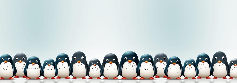 Seamless pattern, cute winter wonderland background of penguins cute character on light blue background in the snow on ice Copy space space for text