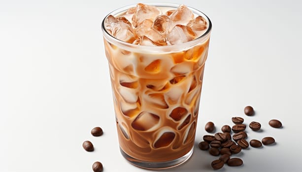 Latte coffee with milk on white background. cold brewed iced latte coffee, showing separate in a layer the bottom as milk top by coffee shot in a plastic glass. isolated white background Copy space Spcae for text