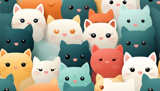 Cute cats Kawaii kittens funny .Seamless pattern of cute colorful cat cartoon.Happy meow.Animals character design.Image for card,poster,baby clothing.Kawaii.Colorful Illustration. In a row