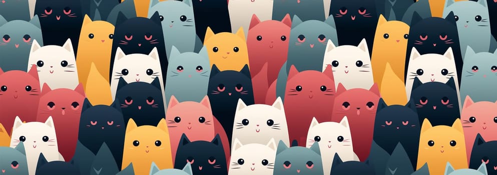 Cute cats Kawaii kittens funny .Seamless pattern of cute colorful cat cartoon.Happy meow.Animals character design.Image for card,poster,baby clothing.Kawaii.Colorful Illustration. In a row