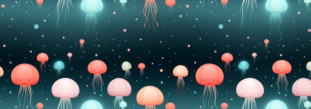 Banner Jellyfish seamless pattern. Dark luxury art background with hand drawn jellyfish in gold art line style. Minimalistic banner with marine life for decoration, wallpaper, print, textile, interior design, packaging Cute