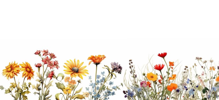 Wildflower field. Watercolor delicate wildflowers, green herbs floral seamless pattern. Blooming meadow tile. Hand drawn elegant, botanical background. Repeatable texture, wrapping paper,wallpaper, fabric, textile on white background Copy space