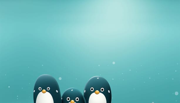 Seamless pattern, cute winter wonderland background of penguins cute character on light blue background in the snow on ice Copy space space for text