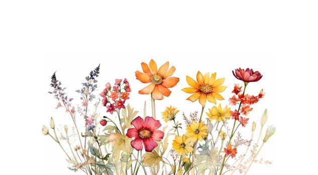 Wildflower field. Watercolor delicate wildflowers, green herbs floral seamless pattern. Blooming meadow tile. Hand drawn elegant, botanical background. Repeatable texture, wrapping paper,wallpaper, fabric, textile on white background Copy space