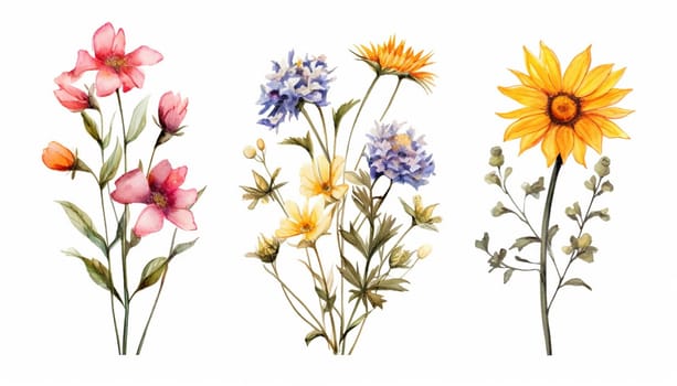 Wildflower field. Watercolor delicate wildflowers, green herbs floral seamless pattern. Blooming meadow tile. Hand drawn elegant, botanical background. Repeatable texture, wrapping paper,wallpaper, fabric, textile on white background Copy space