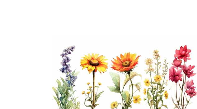 Wildflower field. Watercolor delicate wildflowers, green herbs floral seamless pattern. Blooming meadow tile. Hand drawn elegant, botanical background. Repeatable texture, wrapping paper,wallpaper, fabric, textile on white background Copy space