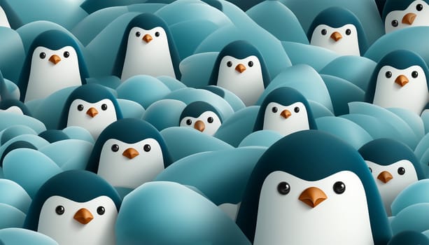 Seamless pattern, cute winter wonderland background of penguins cute character on light blue background in the snow on ice Copy space space for text