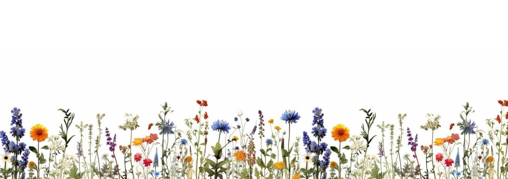Wildflower field. Watercolor delicate wildflowers, green herbs floral seamless pattern. Blooming meadow tile. Hand drawn elegant, botanical background. Repeatable texture, wrapping paper,wallpaper, fabric, textile on white background Copy space