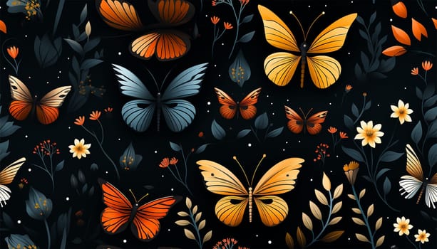 Cute wildflowers and night butterflies seamless pattern. Flowers and insects. art illustration. Navy blue background and gold foil printing. Dark floral pattern for textiles, paper, wallpapers. Orange and blue