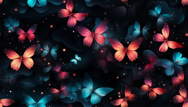 Cute wildflowers and night butterflies seamless pattern. Flowers and insects. art illustration. Navy blue background and gold foil printing. Dark floral pattern for textiles, paper, wallpapers. Orange and blue