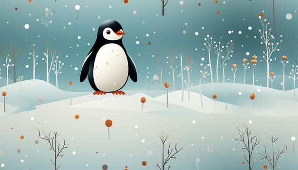 Seamless pattern, cute winter wonderland background of penguins cute character on light blue background in the snow on ice Copy space space for text