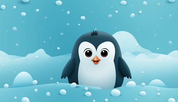 Seamless pattern, cute winter wonderland background of penguins cute character on light blue background in the snow on ice Copy space space for text