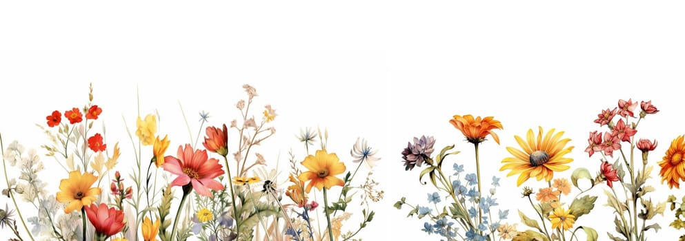 Wildflower field. Watercolor delicate wildflowers, green herbs floral seamless pattern. Blooming meadow tile. Hand drawn elegant, botanical background. Repeatable texture, wrapping paper,wallpaper, fabric, textile on white background Copy space