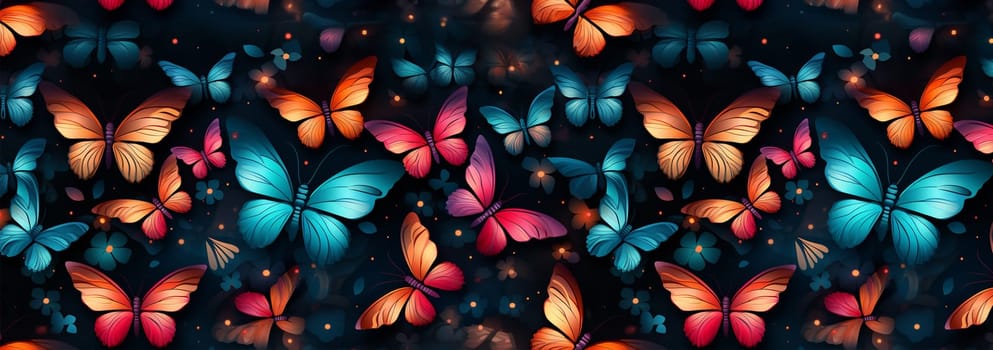 Cute wildflowers and night butterflies seamless pattern. Flowers and insects. art illustration. Navy blue background and gold foil printing. Dark floral pattern for textiles, paper, wallpapers. Orange and blue