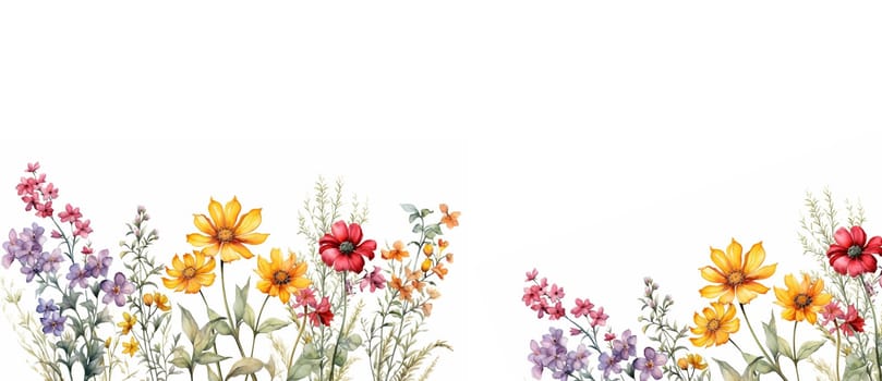 Wildflower field. Watercolor delicate wildflowers, green herbs floral seamless pattern. Blooming meadow tile. Hand drawn elegant, botanical background. Repeatable texture, wrapping paper,wallpaper, fabric, textile on white background Copy space