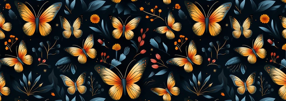 Cute wildflowers and night butterflies seamless pattern. Flowers and insects. art illustration. Navy blue background and gold foil printing. Dark floral pattern for textiles, paper, wallpapers. Orange and blue