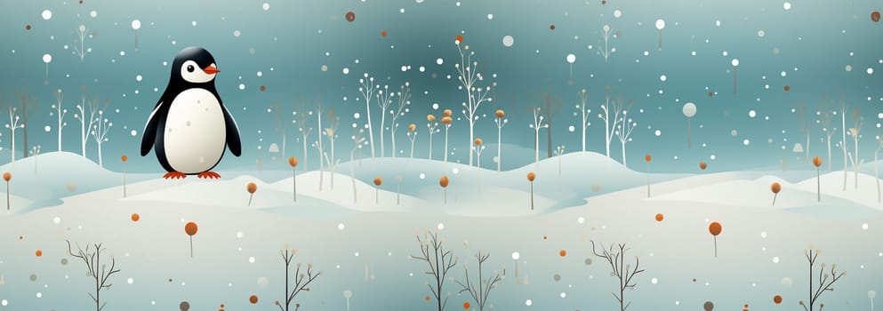 Seamless pattern, cute winter wonderland background of penguins cute character on light blue background in the snow on ice Copy space space for text
