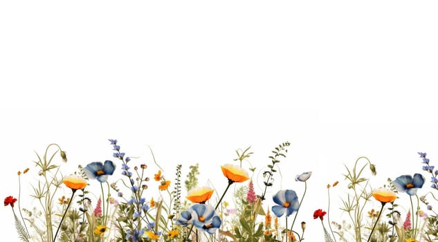 Wildflower field. Watercolor delicate wildflowers, green herbs floral seamless pattern. Blooming meadow tile. Hand drawn elegant, botanical background. Repeatable texture, wrapping paper,wallpaper, fabric, textile on white background Copy space