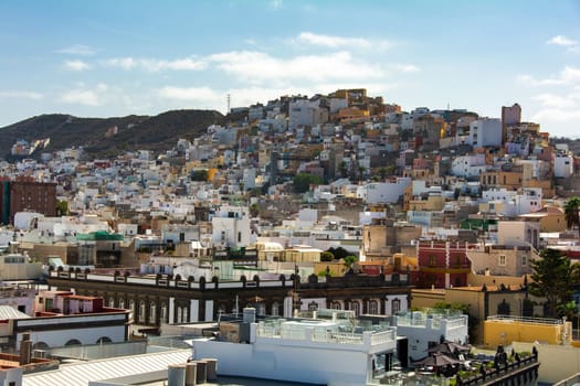 Panoramic top view of the capital Las Palmas Gran Canaria in Spain with blue sky