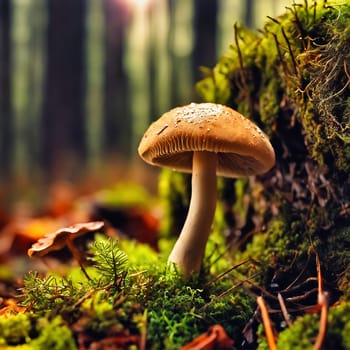 Mushroom in the moss on the forest floor. Mystical magician. Autumn light mood. AI generated image