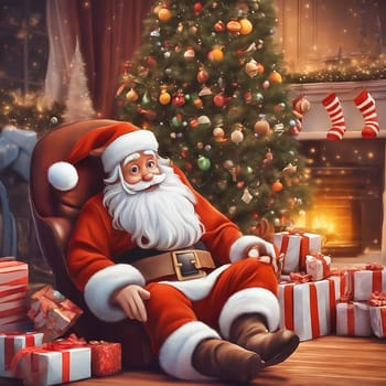 Christmas, Santa Claus sitting at the festively decorated Christmas tree. In front of it are gifts. Christian feast in December. AI generated image