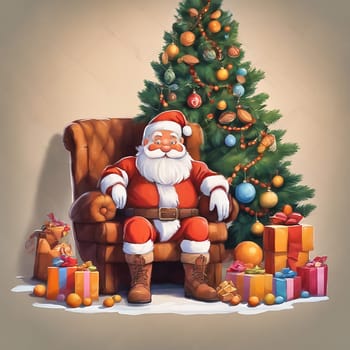 Christmas, Santa Claus sitting at the festively decorated Christmas tree. In front of it are gifts. Christian feast in December. AI generated image