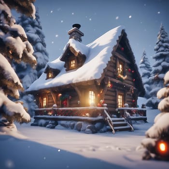 Snow covered hut in a snowy winter landscape. Snowflakes and snow covered fir trees. Warm light shines from the window. AI generated image