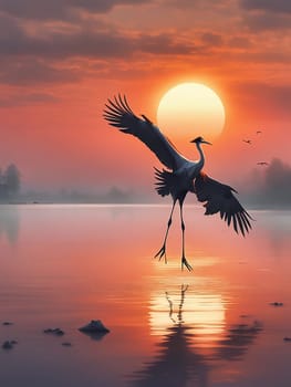 Crane in the water at sunrise. Misty lake. Smooth water surface. In the background forest. Wildlife in nature. AI generated image