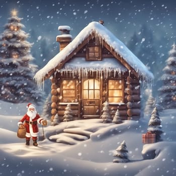 Santa Claus in front of a snowy house. Christmas tree and gifts in the snow. Winter landscape at Christmas. AI generated image