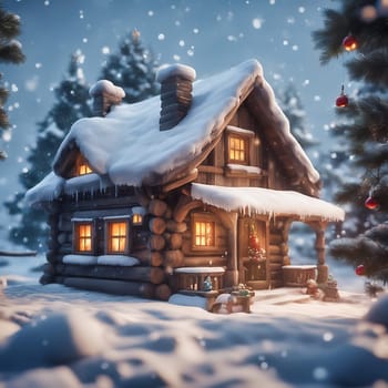 Snow covered hut in a snowy winter landscape. Snowflakes and snow covered fir trees. Warm light shines from the window. AI generated image