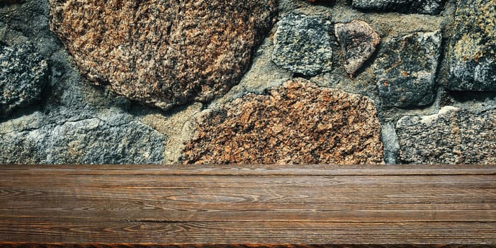 The background is blank wooden boards and a textured stone wall with lighting and vignetting. For product demonstrations, free space, layout, mockup, perspective board, background board.