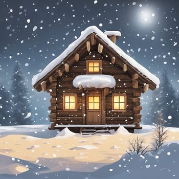 Snow covered hut in a snowy winter landscape. Snowflakes and snow covered fir trees. Warm light shines from the window. AI generated image