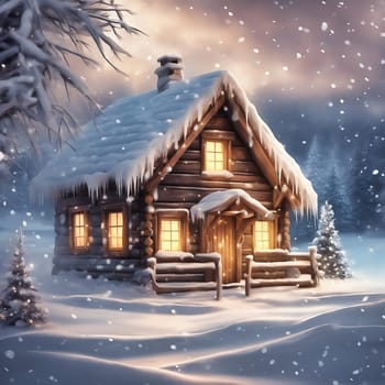 Snow covered hut in a snowy winter landscape. Snowflakes and snow covered fir trees. Warm light shines from the window. AI generated image