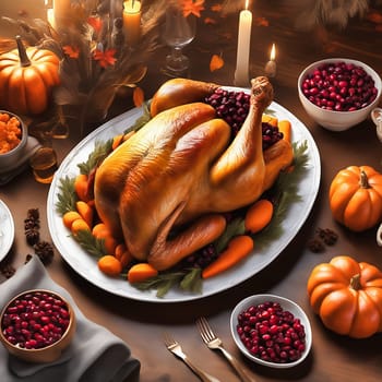Thanksgiving feast. Turkey with vegetable side dishes on a festive table. Traditional family feast. AI generated image