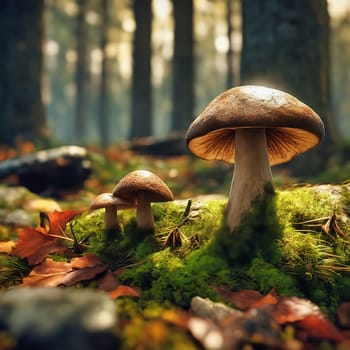 Large mushroom in the moss on the forest floor. Small mushrooms next to it. Mystical magic forest. Autumn light mood. AI generated image