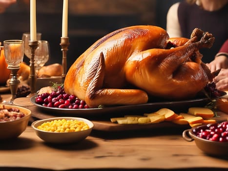 Thanksgiving feast. Turkey with vegetable side dishes on a festive table. Traditional family feast. AI generated image