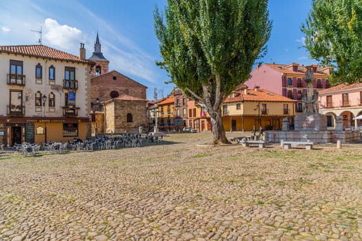 Leon, Spain: September 2, 2022. Church of Our Lady of the Market (Iglesia de Nuestra Senora del Mercado) in the historical centre on the Santa Maria del Camino Square (Plaza), also known as Grain square