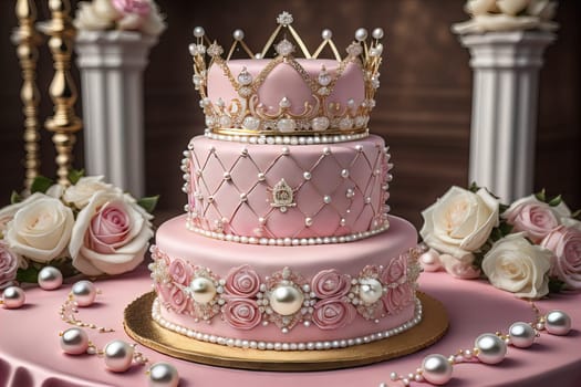 Wedding cake decorated with pink roses and gold crown on the table. ai generative