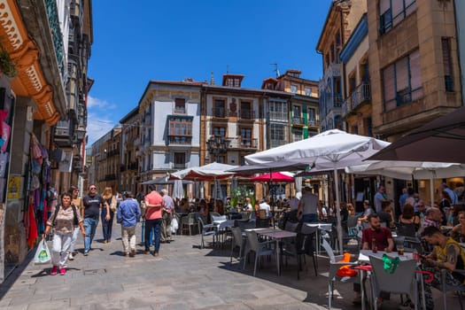 Oviedo, Asturias, Spain - July 16, 2023: City life in the summer in the streets of Oviedo. Oviedo is located in the centre of Asturias between the Nalón River and Nora River.