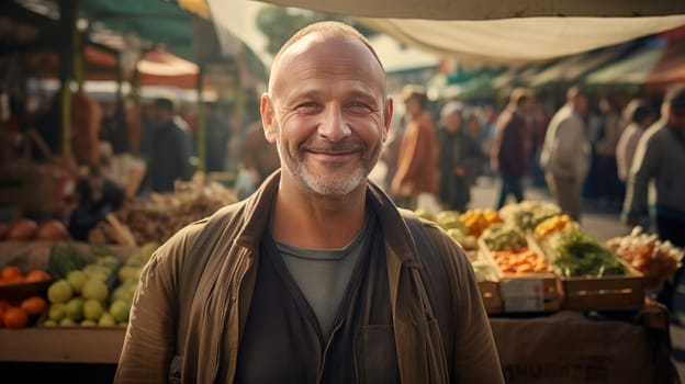 Portrait of an attractive man at a weekly market. artificial art