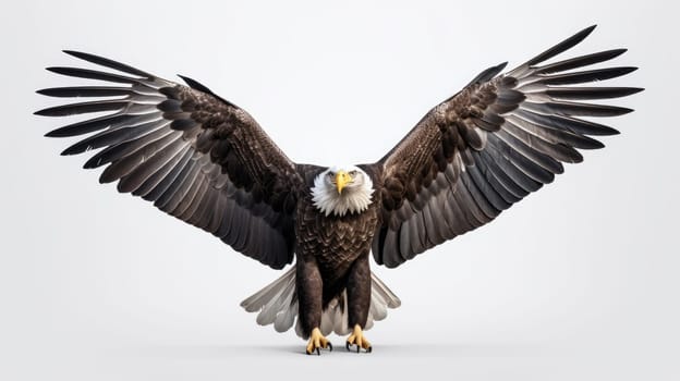 Majestic raptor spreads wings, flying high. Isolated over bright background. artificial art