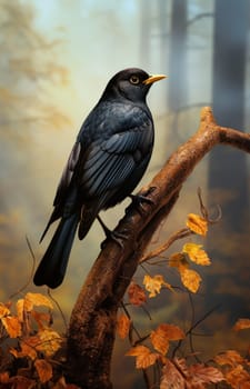 Beautiful dark blackbird isolated on natural background, artificial art